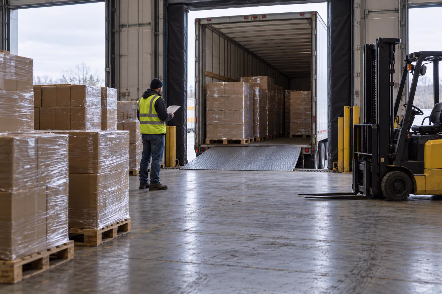 Ein Auflieger an der Rampe eines Fulfillment-Centers, davor folierte Paletten
