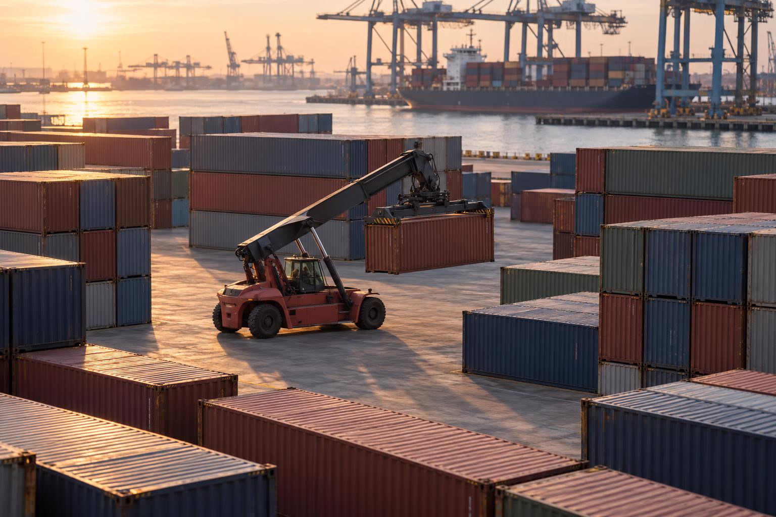 Container im Terminal gestapelt, ein Reach Stacker setzt einen weiteren um