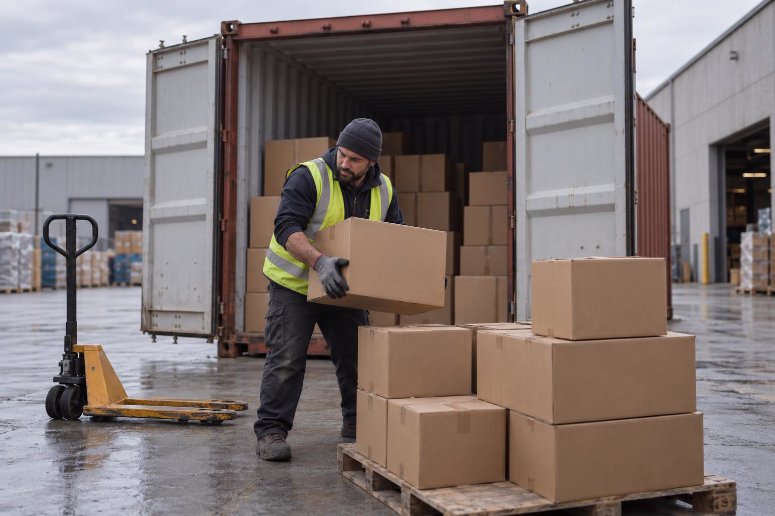Ein geöffneter Container am CFS, Kartons auf dem Boden zur Sortierung